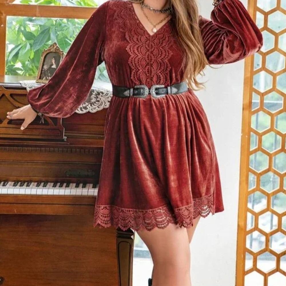 #1950 Rustydustty Elegant Velvet Lace  Boho Dress in Rust Sz 2XL #1950